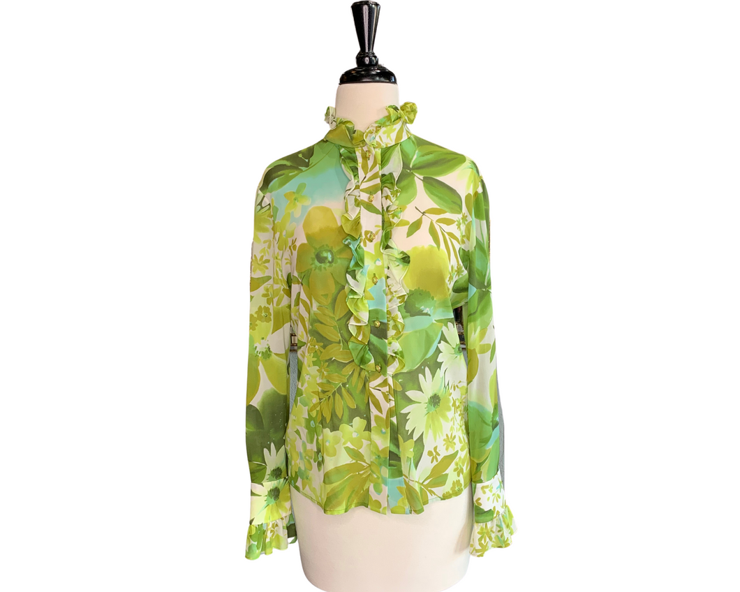 St. John Green Floral Print Silk Blouse