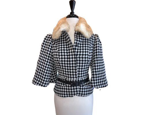 Tracy Reese Harlequin Jacket With Detachable Fur Collar