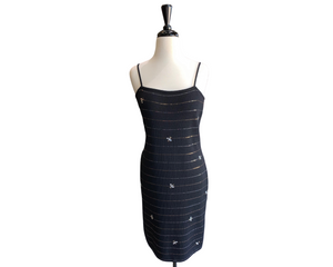 St. John Black Knit Wool Evening Dress with Crystal Bees Labels Designer Consignment Boutique St. John Black Knit Wool Evening Dress with Crystal Bees Labels Designer Consignment Boutique
